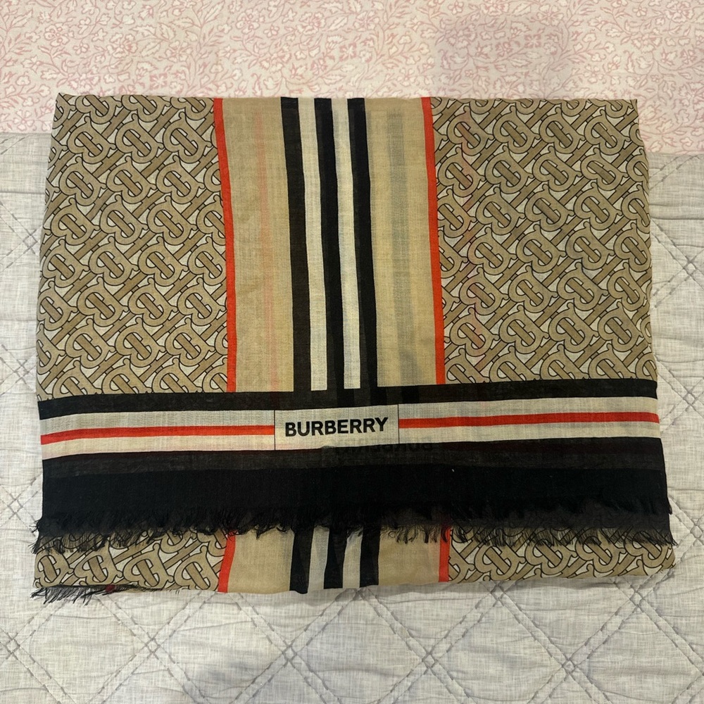 Burberry Icon Stripe Monogram Print Wool Silk Square Large Scarf Shawl